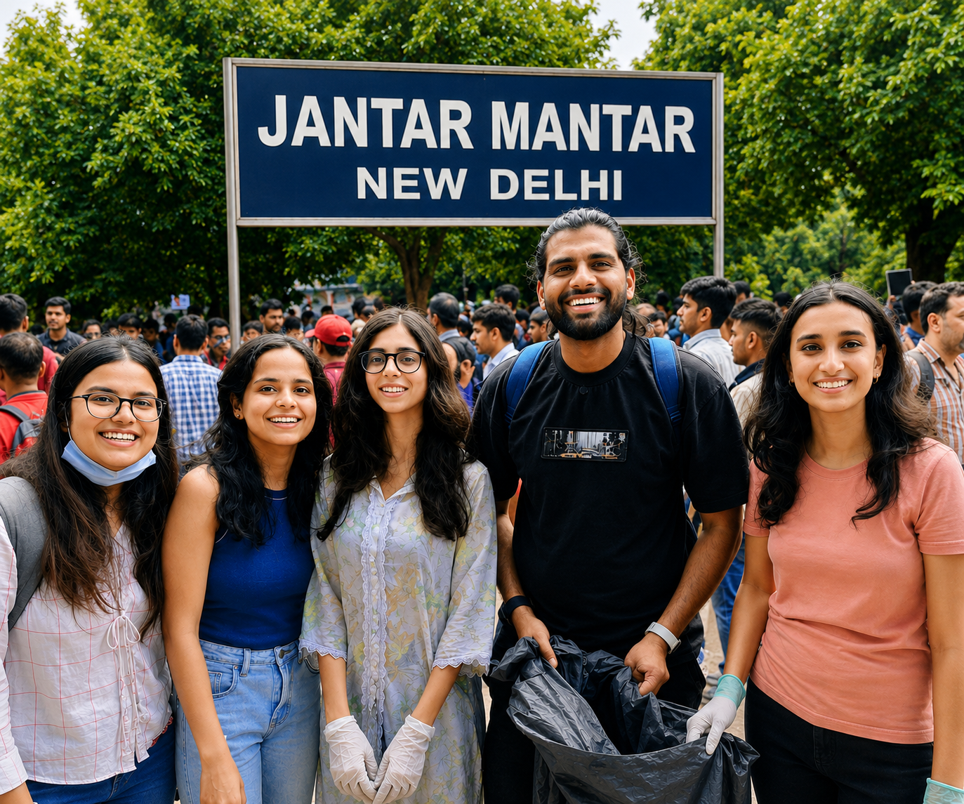 Volunteers holding a Clean India Green India banner at Jantar Mantar, New Delhi