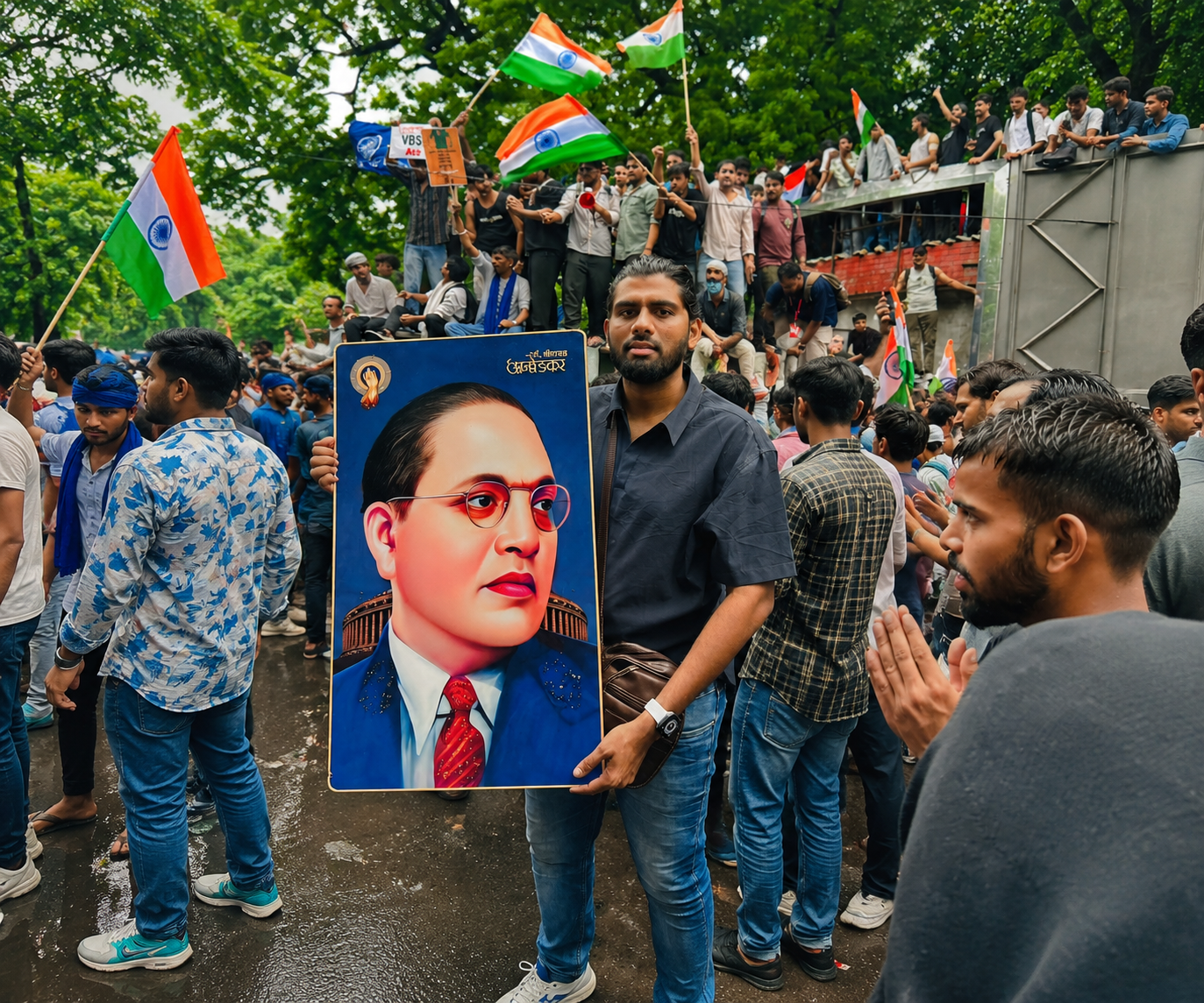 Students at a peaceful gathering holding a portrait of Dr. B. R. Ambedkar